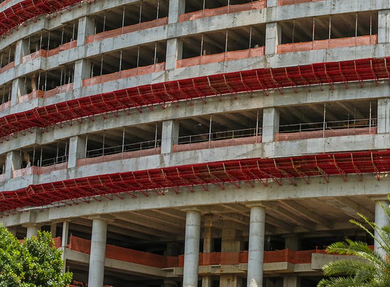 Bandejas de proteção instaladas em fachada de obra