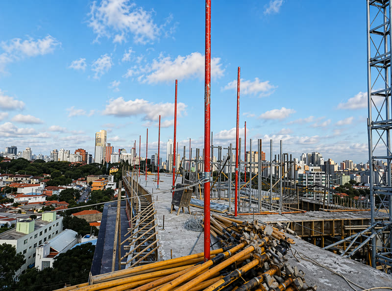 Linha de vida provisória com postes e cabo de aço em laje